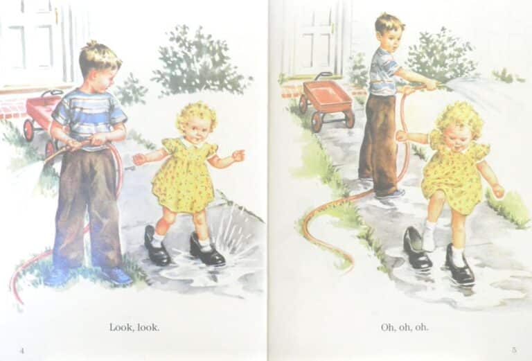 Hand-drawn illustrations in a book, showing a boy and a girl