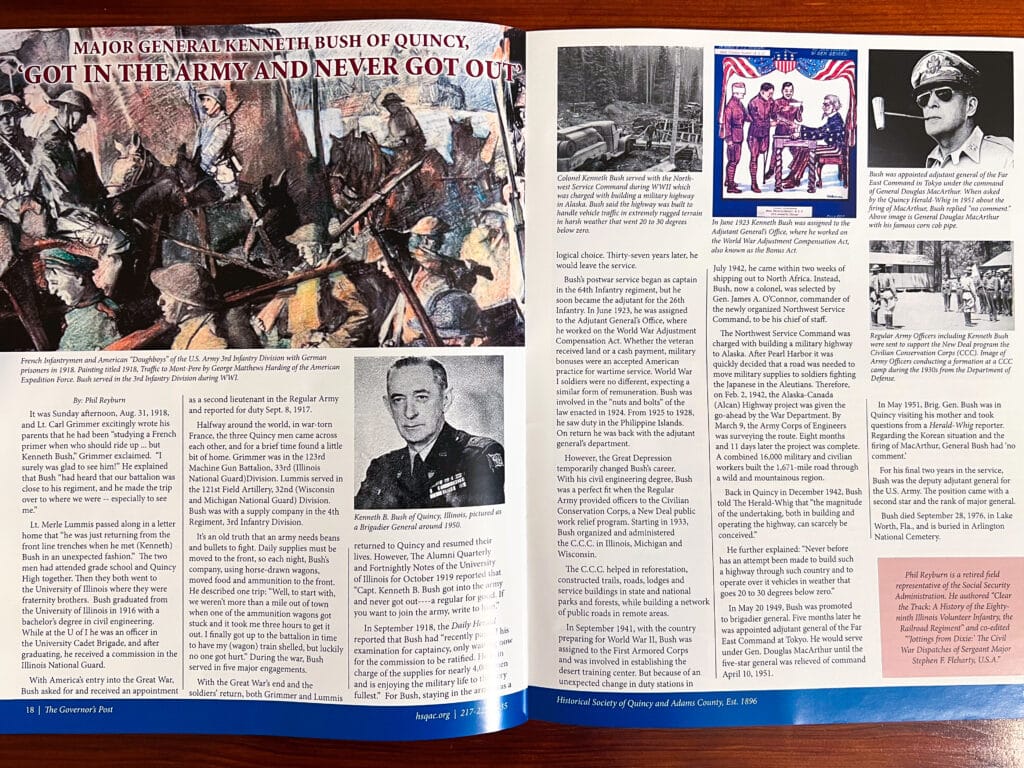An issue of The Governor's Post open on a wooden table, turned to an article about a Major General from Quincy