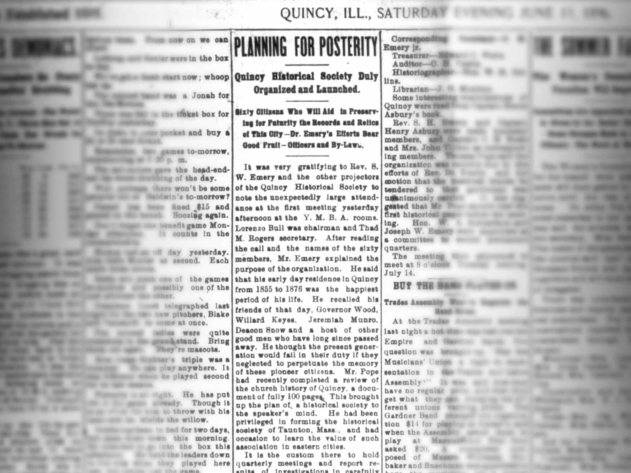 An article from the Quincy Daily Herald describing the formation of the Historical Society
