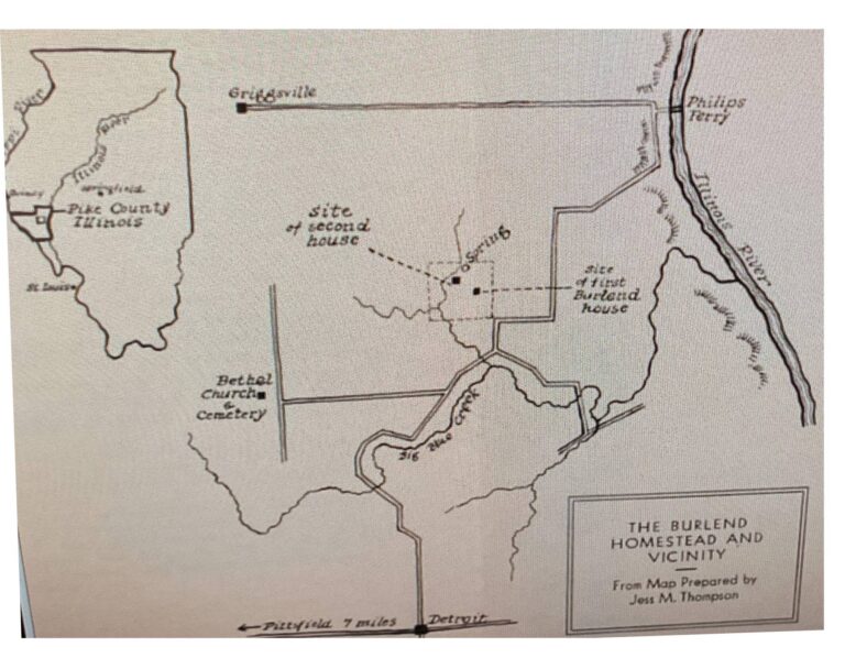 This hand-drawn map shows the location of the Burlend land, the Illinois river on the right, and the distance to Griggsville and Pittsfield, Illinois.
