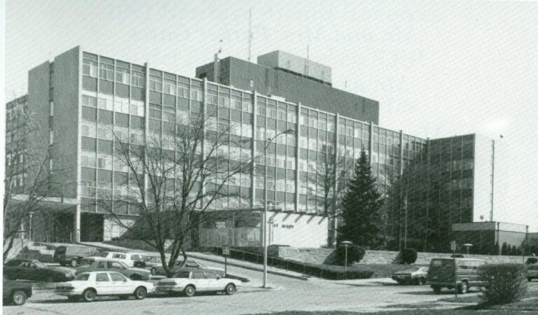 black and white photo of St. Mary's hospital building circa 1962