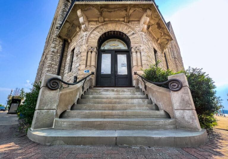 A steep flight of stairs leading visitors to the museum entrance