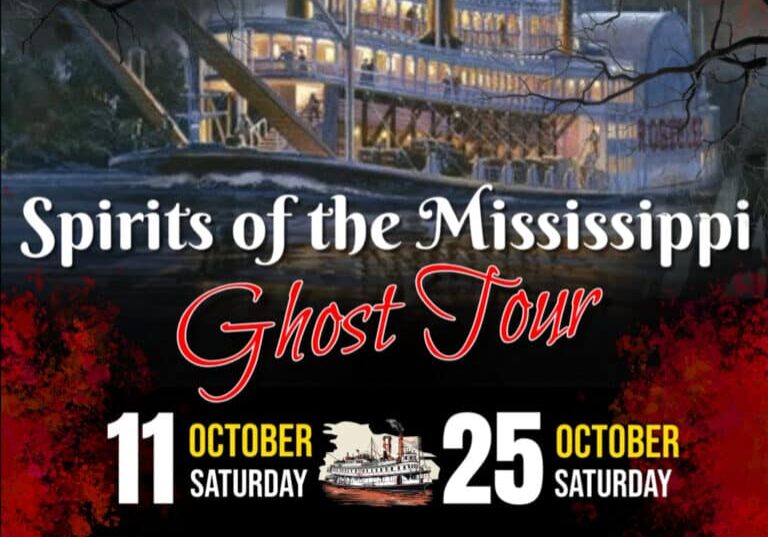 A poster that says "Spirits of the Mississippi" with a riverboat on the top.