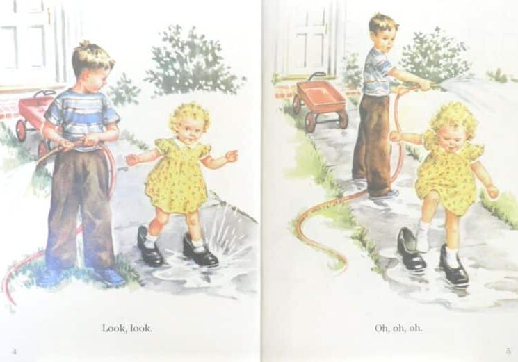Hand-drawn illustrations in a book, showing a boy and a girl