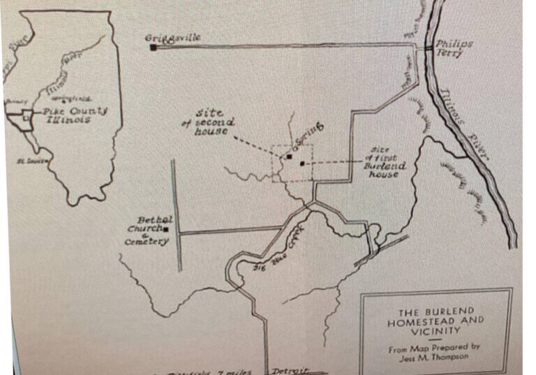 This hand-drawn map shows the location of the Burlend land, the Illinois river on the right, and the distance to Griggsville and Pittsfield, Illinois.